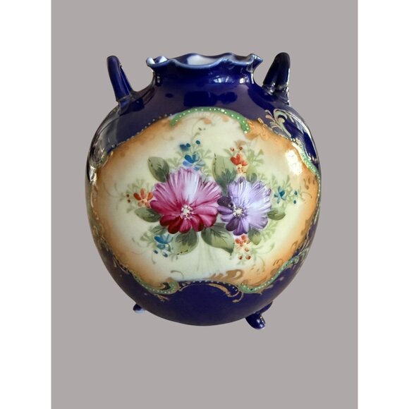 Antique Hand-Painted Cobalt Porcelain Floral Piedestal Vase Blue Florals & Gold - Picture 10 of 12